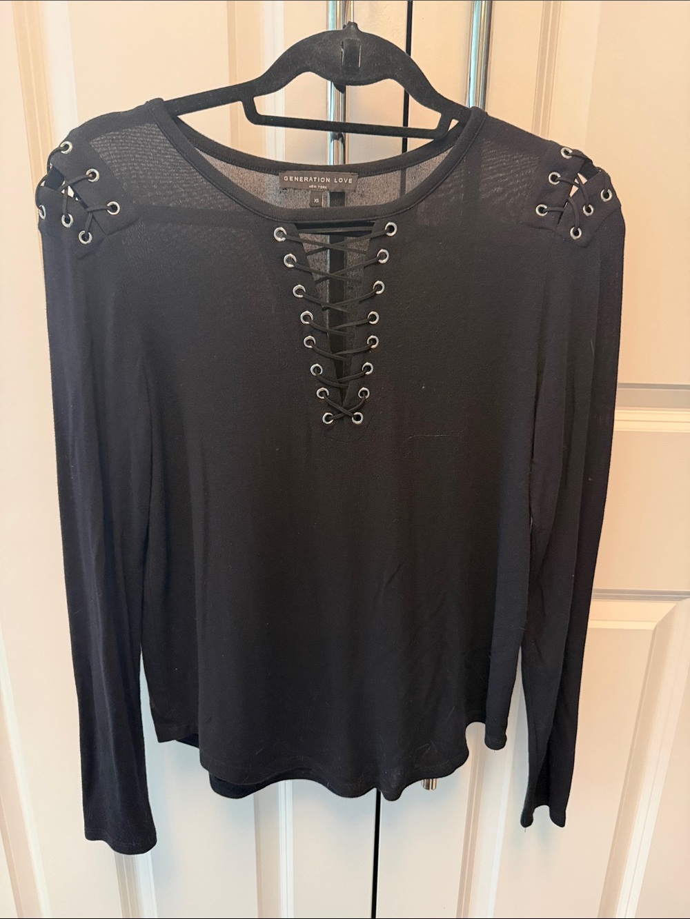 Generation Love Black Lace-Up Long Sleeve Top with Eyelet Shoulders